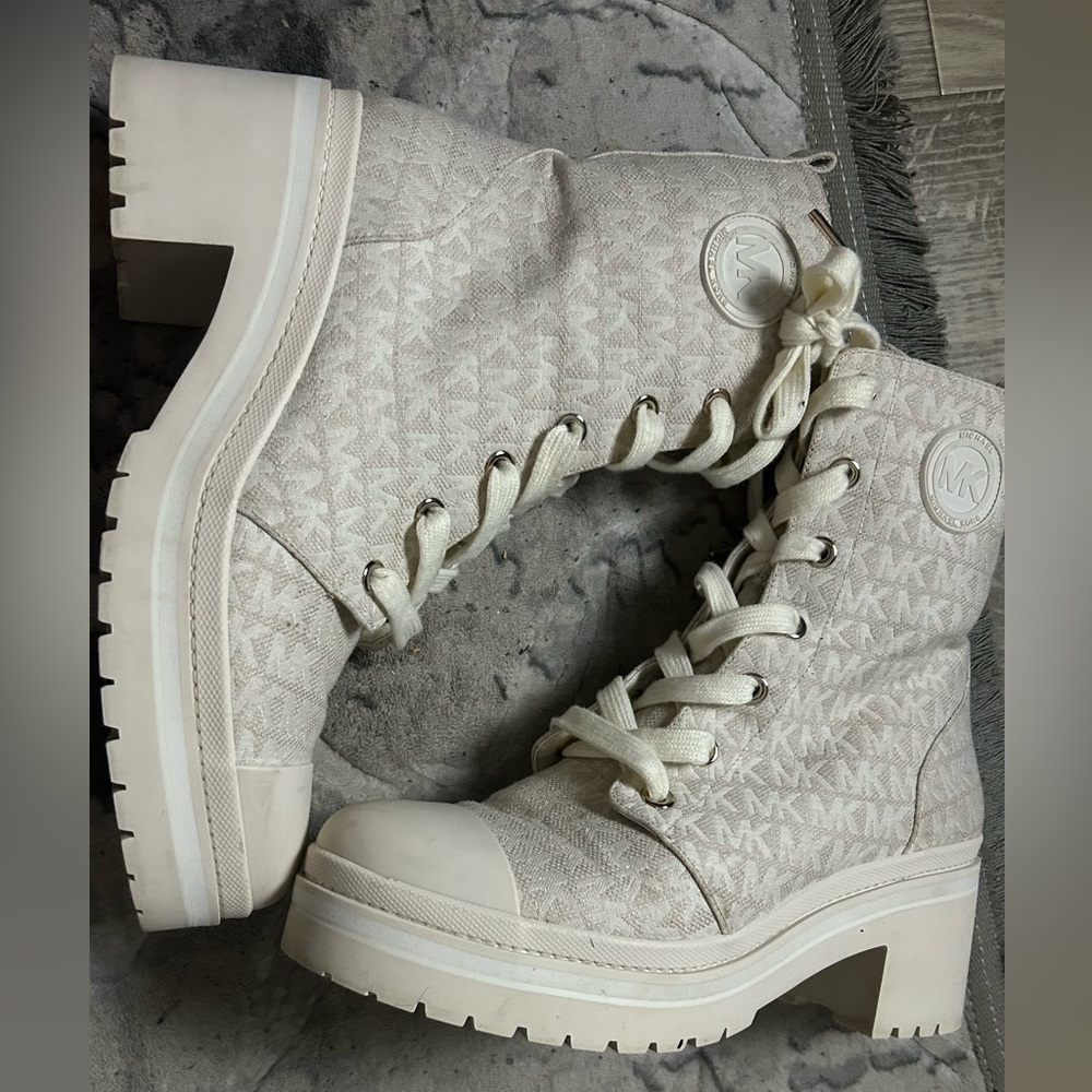 Michael Kors Cream MK Print Heel Ankle Boots - Picture 2 of 4